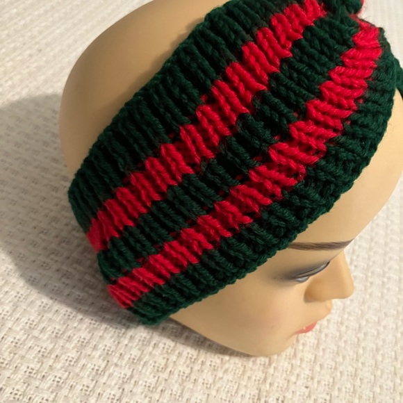 HandKnit Winter twisted Headband Red and Green Striped Size M/L warm ears - Picture 3 of 7